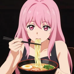 anime girl with pink hair eating ramen noodles, black background, by eiichiro oda