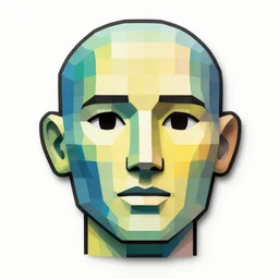 a stunning simple 3 d drawing of a human head, rendered into tesselated blocks of colour, bold black outlines, and eyes as spheres on the end of looping stalks. the cheeks are hollowed out and contain red and green gingham ellipsoid glowing eggs