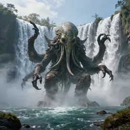 a concept art of cthulhu emerging from waterfalls, beautiful landscape, by craig mullins and wadim kashin and jeremy mann, highly detailed, mid day, realistic lighting, octane lighting, concept art, octane render, c 4 d, artstation, hd, clear, sharp, ominous, misty, 8 k