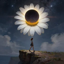 giant white daisy flower on head, girl walking on cliff, surreal photography, dark solar eclipse, milky way, dramatic light, impressionist painting, clouds, digital painting, artstation, james gilleard and liam wong and jeremy mann