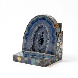 mosaic geode bookend, 8k product photo, isolated on a pure white background, centered, entire object in frame, sharp focus, soft studio lighting