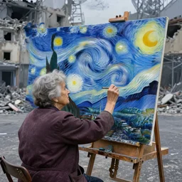 a old lady in the middle of the square at a bombed city, the old lady is painting the starry night, oil on canvas