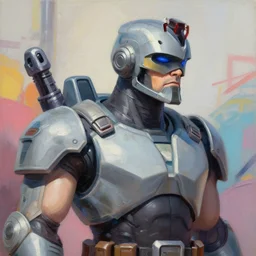 greg manchess portrait painting of james murphy the robocop as overwatch character, 8 0 ies aesthetic, medium shot, asymmetrical, profile picture, organic painting, sunny day, matte painting, bold shapes, hard edges, street art, trending on artstation, by huang guangjian and gil elvgren and sachin teng