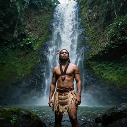 a photo of a man wearing tribal clothes, standing in front of a waterfall, deep in the rainforest, professional light, photo by jimmy nelson, 8 k, photorealistic imagery, trending on artstation, artstationhq, artstationhd