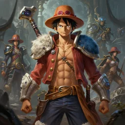 Luffy in World of Warcraft, cover art, ultra wide lens shot, pretty, beautiful, DnD character art portrait, matte fantasy painting, DeviantArt Artstation, by Jason Felix by Steve Argyle by Tyler Jacobson by Peter Mohrbacher, cinematic lighting