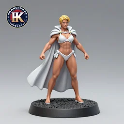 80mm resin detailed miniature of a Very Muscular Queen, long white cape, bikini-armor, very short blonde hair, on textured disc base, Company logo in upper left corner; Miniature product Photo, 4K, Full body