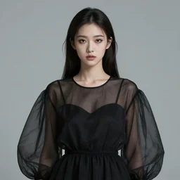 hight focus of a wonderful realistic focused sweet wonderful symmetrical centered mid portrait of a wonderful realistic lonely woman, her eyes makeup is 7 0's style, dressed with a wonderful, majestic, large semi transparent black cotton dress, dramatic light, octane render, - 8 k