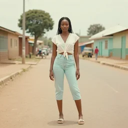yolandi visser from die antwoord standing in a township street, pastel color palette, still from a music video