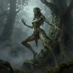 female elf, tree person, warhammer aelf dryad, dynamic pose, elongated legs, long fingers, talons, terrifying, dark, fog, artstation