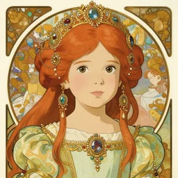 well - lit art nouveau portrait of a 1 3 - year old girl who resembles millie bobby brown with red hair as a princess with intricate, ornate jewelry, natural lighting, path traced, highly detailed, high quality, cartoon, digital painting, by don bluth and ross tran and studio ghibli and alphonse mucha