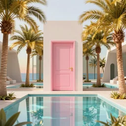 indoor liminal space, golden light, peter tarka, palm trees, pink door, minimalistic, hyperrealistic surrealism, award winning masterpiece with incredible details, epic stunning, infinity pool mirrors, a surreal vaporwave liminal space with mirrors, highly detailed, trending on artstation, artgerm and greg rutkowski and alphonse mucha, daily deviation