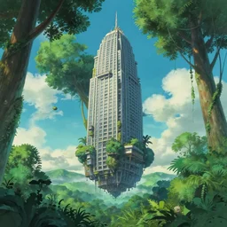 big skyscraper levitate over the jungle, ghibli style, sky in a background, huge green trees