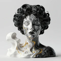 3 d liquid simulation, black curly ink, octane render, female model face, photography, intricate swirly patterns, female face model, mixing in white paint, white carved abstract sculpture, black mineral quartz sculpt, swirly curls fractal gold, abstract white fluid, golden edges and fractals, wasili kandinski, artstation, render, cinema 4 d, art noveau fresco, liquid acrylic painting