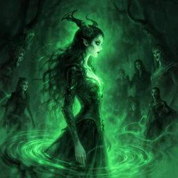 side profile, imogen poots, evil deathknight, gloomhaven, luminescent, sickly pale green glow, haunting, evil inky swirly ripples, sickly fever - dream colors, by greg manchess, huang guangjian, gil elvgren, sachin teng, greg rutkowski, jesper ejsing, ilya kuvshinov