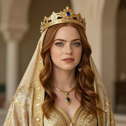 A full body shot of Emma Stone wearing a golden Arabian crown , royality, high quality, fully detailed, 4k