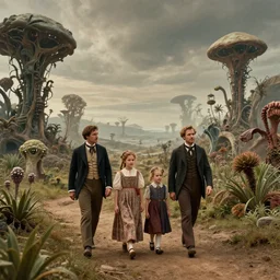 sharp, highly detailed, 9216k film, 175000mm film still from a sci fi blockbuster color movie made in 2019, set in 1860, of a family walking through a very alien landscape that is full of strange alien plants, on an alien planet, the family are all wearing 1860s era clothes, good lighting, in focus, 350mm f/1.4L lens