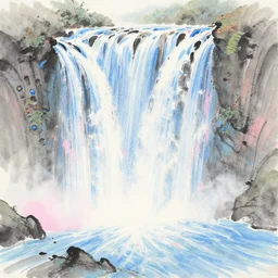 an endless waterfall, blue and pink colour splash, painted with pastels, detailed sumi-e illustration