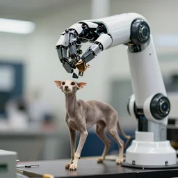 a close up of a fully dressed robotic arm manufacturing a skinny animal, defocus, color photo, various levels of details