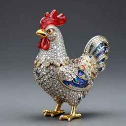 detailed jewel figurine depicting heavily stylized angry chicken, made by faberge. macro photography.