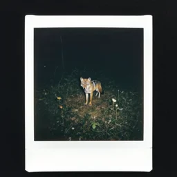 werewolf in forest at night, shot from drone, grainy, polaroid