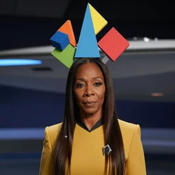whoopi goldberg as guinan from star trek wearing random colored geometric shapes on her head on the starship enterprise