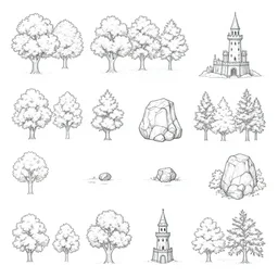 lineart aerial view tileset : ground, tree, rock and wizard tower
