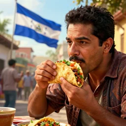 epic masterpiece of cinematographic hyperrealism where a mexican appears eating a taco in the background you can see the nicaraguan flag hoisted. realistic shaded lighting poster by craig mallismo, artgerm, jeremy lipkin and michael garmash, unreal engine, radiant light, detailed and intricate environment, digital art, art station trends