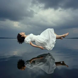 a girl in a white dress floating above water, photograph by Jerry Uelsmann, dramatic sky reflection