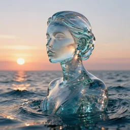alluring portrait woman made of glass emerging out of the ocean at sunset, realistic reflections, translucency, ray tracing, 3 - d render, intricate details, masterpiece, surreal, style of julia wimmerlin