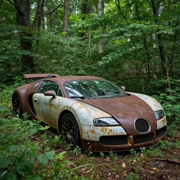 a rusty bugatti veyron in the forest, abandoned, lush, derelict, overgrown