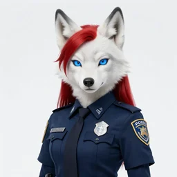 beautiful portrait of a female anthropomorphic albino wolf fursona wearing a state trooper uniform. blue eyes. red hair. character design by disney, charlie bowater, ross tran, artgerm, and makoto shinkai, detailed, soft lighting, rendered in octane