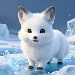 white furred vulpix smiling frozen in an ice floe, intricate, synthetic fur, closeup, 4 k, artstation, digital illustration by ruan jia