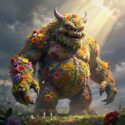 A terrifying giant monster made of flowers, beautiful atmosphere, god rays, masterpiece digital painting by Alex Grey, Greg Rutkowski, 4k wallpaper