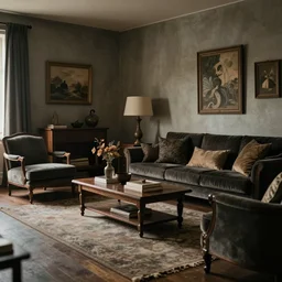 a tastefully decorated living room with dark luxurious furnishings, and a mix of antique and modern furniture, and a mix of concrete and wood finishes, soft focus, dark dreamy golden cinematic lighting