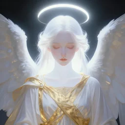 Closeup portrait of a glowing genderless angel, white light halo, white and gold robes, peaceful expression, by Artgerm, by Albert Edelfelt, matte painting, trending on Artstation