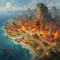 concept art painting of a Fire Nation colony on the coast of the Earth Kingdom