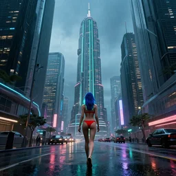Fine Art photo city of the future, many skyscrapers, blade runner style, hyper-realistic, octane render, realistic, real, street, night, rain, wet beautiful girl wearing a red bikini top and red bikini bottom with blue hair walking away with green rim light, cinematic, 8k, very intricate, 80's