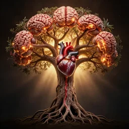 the holy grail, tree of life brains, heart, veins, cinematic masterpiece, beautiful lighting