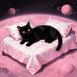 black cat laying on a shiny bed on pink planet, concept art, by greg rutkowski