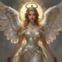 A beautiful digital painting of a female angel full of jewels, princess, the sun behind her, intricate, cinematic lighting, highly detailed, digital painting, Artstation, concept art, smooth, sharp focus, illustration, art by Tom Bagshaw, Artgerm and Greg Rutkowski