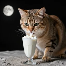 a cat drinking a milkshake on the moon, high detail, vivid, portrait, great detail, 8 k, 4 k uhd, high definition, realistic