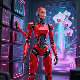 beautiful tall female robot printed with red and black 3 d geometrical neon guarding a wall of computers + a portal to a vaporwave world, flowering orchids transcendent, clean linework, dramatic, finely detailed, 4 k, trending on artstation, photorealistic, volumetric lighting, octane render
