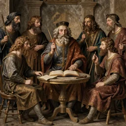 Medieval painting of mathematicians. Highly realistic. Highly detailed. High resolution. Dramatic. 8k