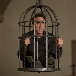 Nicholas Cage imprisoned in a medieval gibbet metal-cage  XF IQ4, f/1.4, ISO 200, 1/160s, 8K, in-frame