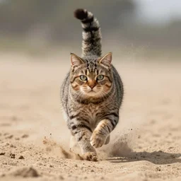 award winning wildlife photography, a fat house cat merging from the sand, high midair shot, running towards the camera, straight shot, high shutter speed, dust and sand in the air, wildlife photography by Paul Nicklen, shot by Joel Sartore, Skye Meaker, national geographic, perfect lighting, blurry background, bokeh