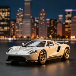 3 5 mm photo of ford gt, like die cast model, with a blur chicago city night as background, golden ratio, dramatic lighting, medium shot, shallow depth of field, 8 k, epic cinematic, epic lighting