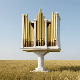 a detailed render of an isolated lonely marble pipe organ, with large golden pipes, in the middle of a field, supported by a lone stone column, trending on artstation, render, 3 d, octane, 4 k, 8 k, unreal engine, cinema 4 d