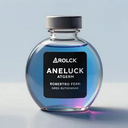 concept art of an ethical dietary supplement in a round transparent bottle with black sticker on it, filled with a blue magenta iridescent liquid, by aenaluck, artgerm and roberto ferri and greg rutkowski, light blue and white tones, digital painting, artstation, concept art, smooth, sharp foccus ilustration hq