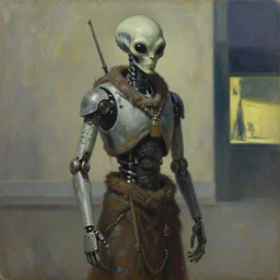 alien robot shaman, dystopian, pj crook, edward hopper, oil on canvas