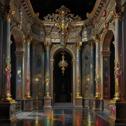 baroque neoclassicist renaissance halls decorated with sci - fi colorful chrome textures. reflective detailed textures. gloomy black background. highly detailed fantasy science fiction painting by james mccarthy, moebius, norman rockwell, frank frazetta, and syd mead. rich colors, high contrast. artstation